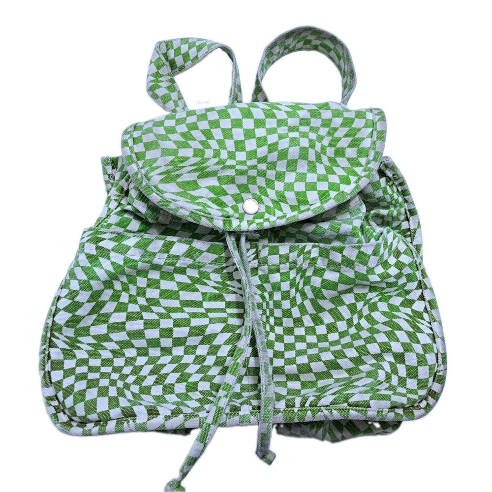 BAGGU Canvas Drawstring Backpack Green Checkered Check Abstract School Bag